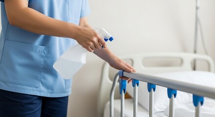 Nurse disinfecting hospital bedrail with spray bottle, maintaining hygiene and cleanliness.