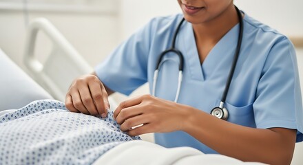A healthcare professional in scrubs adjusting the patient's hospital gown in a medical setting.