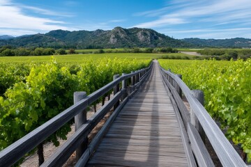Scenic vineyard pathway leading to mountains under clear blue sky