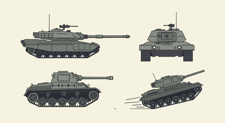 Fototapeta premium An illustration showcases various perspectives of a modern military tank, rendered in a pixelated style against a neutral background, highlighting its design.