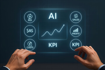 Ai driven business strategy and key performance indicators analysis with human hands interacting on a futuristic interface with growth visualization