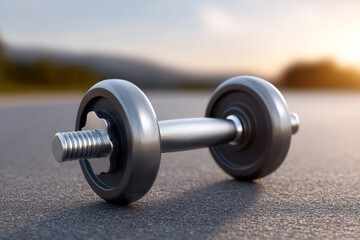 Close-up of dumbbell on outdoor track at sunset