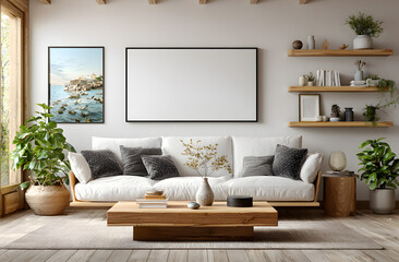 Fototapeta premium Modern living room mockup with large blank TV screen on wall. White screen for displaying content. Cozy interior design with sofa, wooden coffee table. Minimalist home decor concept.