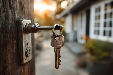 Key inserted into front door lock with new real estate in the background