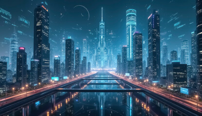 Fototapeta premium The view captures a vibrant city skyline at night, showcasing towering futuristic skyscrapers illuminated by neon lights and reflected in tranquil waterways