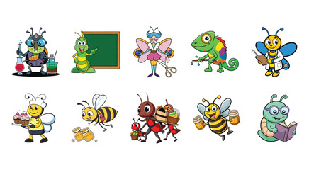 Cartoon insects and animals in various activities vector