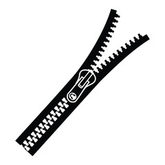 A black and white unzipped zipper logo icon, ideal for illustrating fashion, clothing, opening, or security concepts