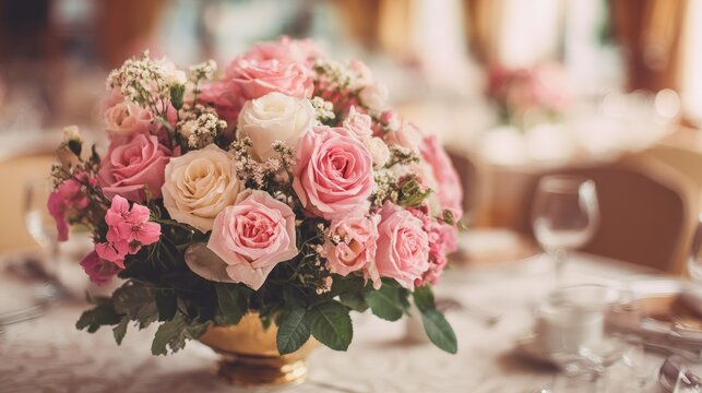 Elegant pink and white rose centerpiece on table setting