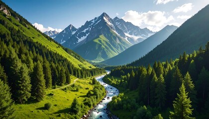 Alpine valley, lush green meadows, winding river, snow-capped peaks. Sunlight bathes the scene, highlighting the vibrant greenery and clear stream. Mountainous landscape with lush forests