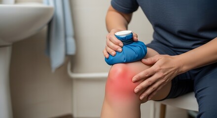 Person applying ice pack to inflamed knee, showing pain and treatment in bathroom setting.