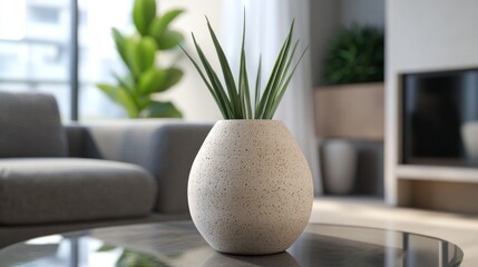 Modern Interior: Textured Vase with Green Plant on Glass Table, Minimalist Design