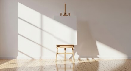 Easel positioned before a blank canvas in a sunlit room interior