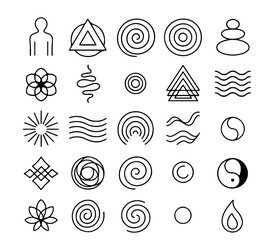 A collection of minimalist line art icons, depicting a range of shapes and symbols associated with holistic wellness and spiritual concepts.