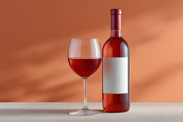 Obraz premium Elegant Rose Wine Bottle and Glass Against Warm Orange Background Display