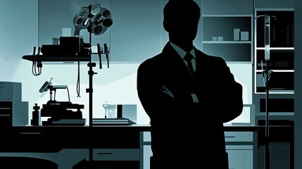 Silhouette of Doctor in Medical Office,  Intense Focus and Calm