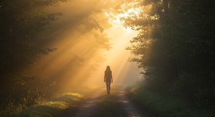 Silhouette of a person walking on a sunlit forest path, bathed in golden morning light.