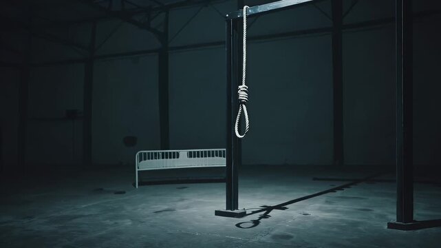 A haunting scene unfolds in eerie low light: a gallows noose swings gently near an old iron bed evoking a dark narrative of abandoned institutions or horror inspired visuals in unsettling cinematic