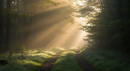 Sunlight streams through a misty forest path, illuminating the trees and undergrowth.