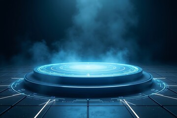Futuristic blue neon podium with smoke and sci fi lighting