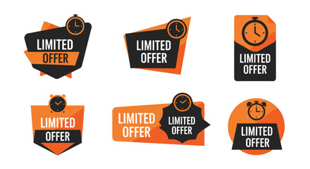 Obraz premium Six unique limited offer badges in orange and black with clocks, ideal for marketing and advertising campaigns, promoting urgency and exclusivity of special deals and discounts.