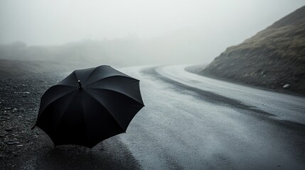 Black Umbrella on Wet Road in Foggy Mountain Landscape