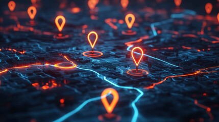 Glowing map markers on a digital city landscape.