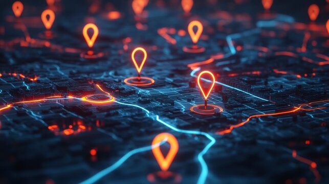 Glowing map markers on a digital city landscape.