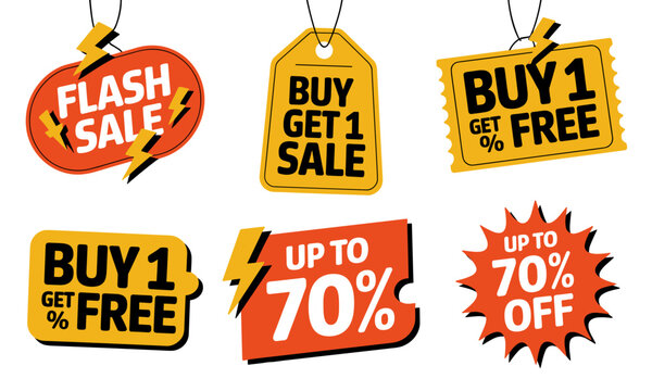 A vibrant collection of sale tags showcasing special offers, including flash sales, buy-one-get-one deals, and discounts of up to 70% off, designed to attract customers.