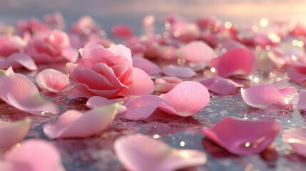 Obraz premium Delicate pink rose petals floating on water surface image