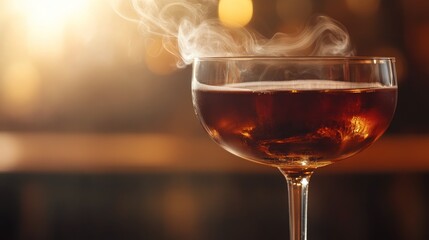 Steaming Cocktail in Coupe Glass: Amber Liquid, Condensation, and Bokeh Lights