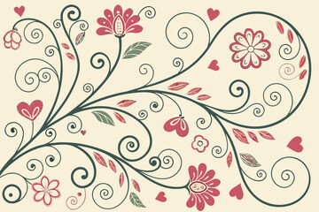Seamless Floral and Heart Swirl Background vector illustration