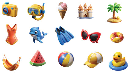 Obraz premium 3d summer vacation icon set on transparent background, 3d rendering isolated Collection of Travel Tourism.