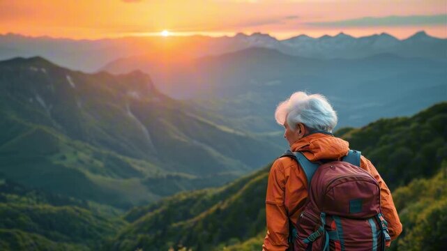 Close up back view of a calm elderly old mature woman in a travel backpack standing on rock looking at mountains. Travelling concept.	
