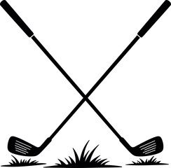 Crossed golf clubs with grass silhouette