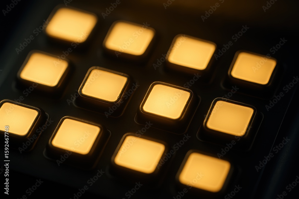 Poster illuminated control panel with soft glowing buttons in dark background for technology themes