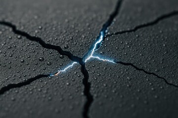 Obraz premium Close Up of Cracked Surface with Water Droplets and Electric Blue Lightning Effect