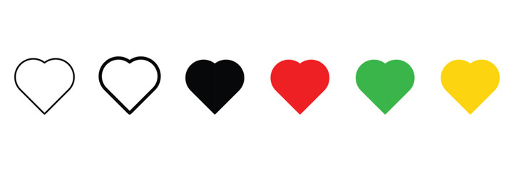 Heart symbol icon set in outline, filled, and multicolor flat style for social media love and UI favorite interface.