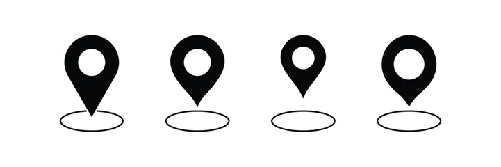 Location marker icon set with shadow and minimal design in solid black for GPS map pin navigation and pointer interface.