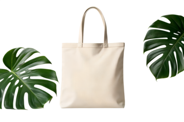 Natural canvas tote bag with green tropical leaves isolated on transparent background