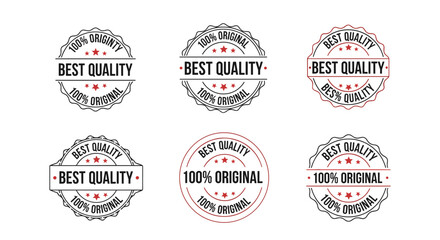 Fototapeta premium A collection of six circular vintage-style badges with text, including 'Best Quality' and '100% Original,' suitable for various design and marketing applications.