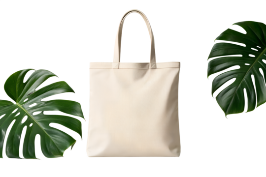 Natural canvas tote bag with green tropical leaves isolated on transparent background