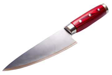 Sharp damascus steel chef s knife with red wood handle isolated on transparent background