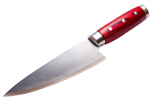 Sharp damascus steel chef s knife with red wood handle isolated on transparent background