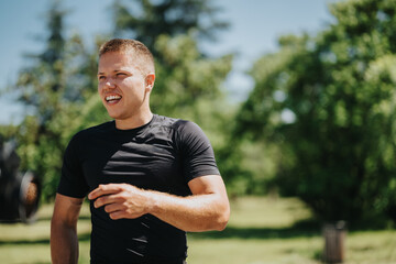 A young man in a black athletic shirt smiling while exercising outside in a sunny park, surrounded...