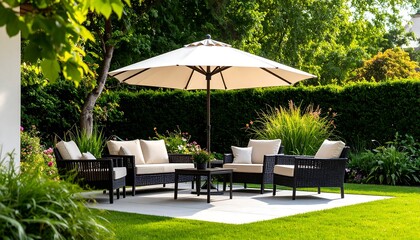 Outdoor patio furniture under a large umbrella