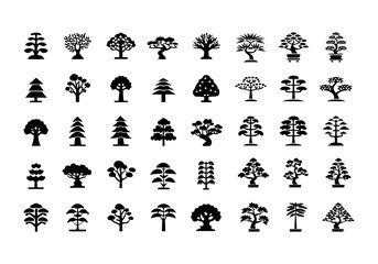 Obraz premium Tree Silhouette Vector Set – Detailed Black Silhouettes of Oak, Pine, Palm, Bonsai, and Birch Trees for Nature, Landscape, and Botanical Design