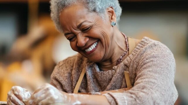 old smiling african american woman in pottery class, shaping clay on wheel, laughing and smiling. lifestyle. senior activity and hobbies. national grandparents day.