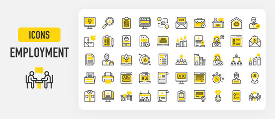 Employment icons. Puzzle, Best Employee, Task List, Shift, Document, Portal, Startup, Questionnaire, Goal, Worker, Hierarchy, Stopwatch, Selective, Job Offer vector stroke illustration.	
