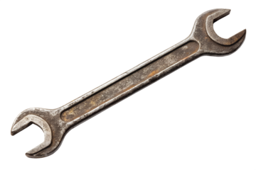 Old rusty double open end wrench tool isolated on transparent background