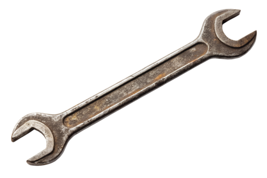 Old rusty double open end wrench tool isolated on transparent background